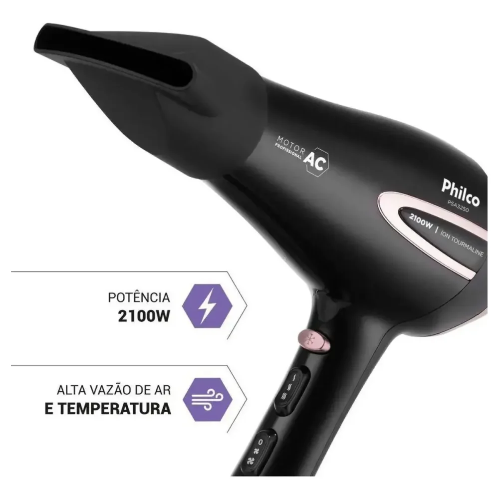 Secador De Cabelo Profissional Philco 2100w Íon Com Difusor