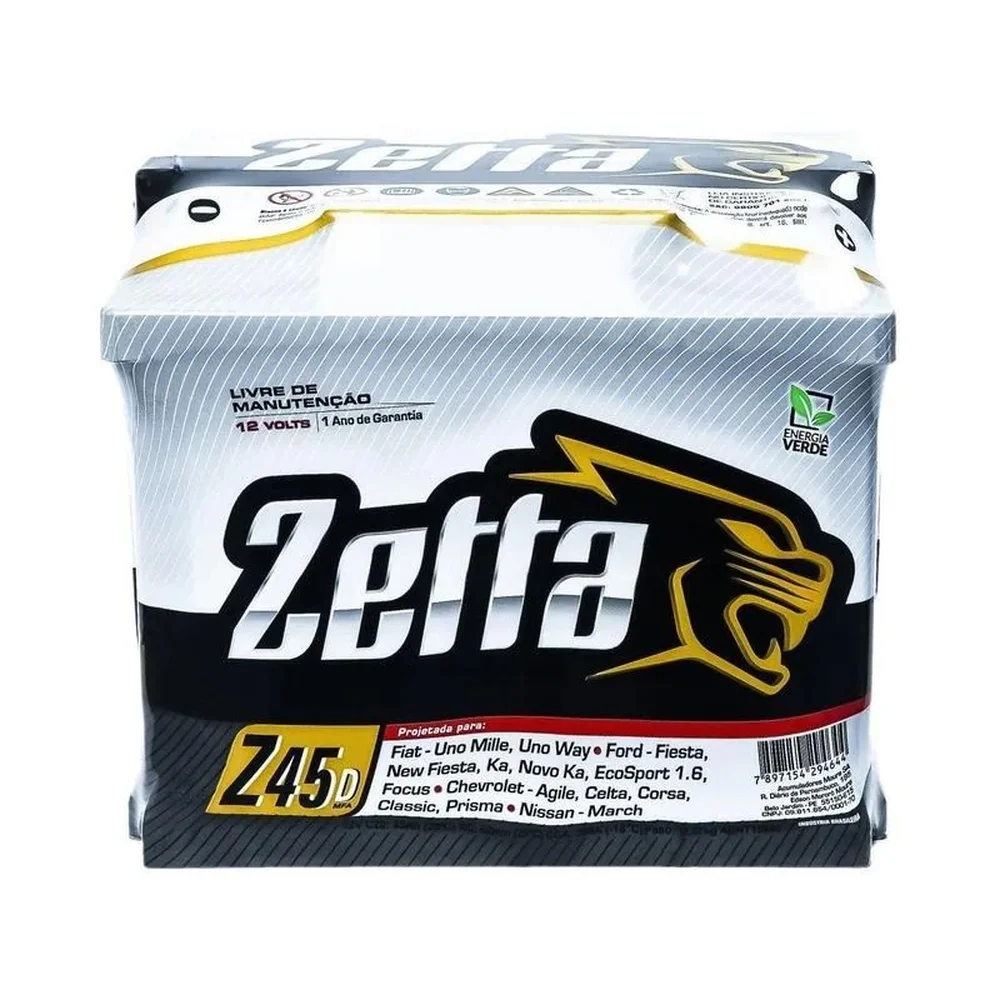 Bateria de Carro Zetta Green Energy - 45Ah 12V Polo Positivo Direito MGE
