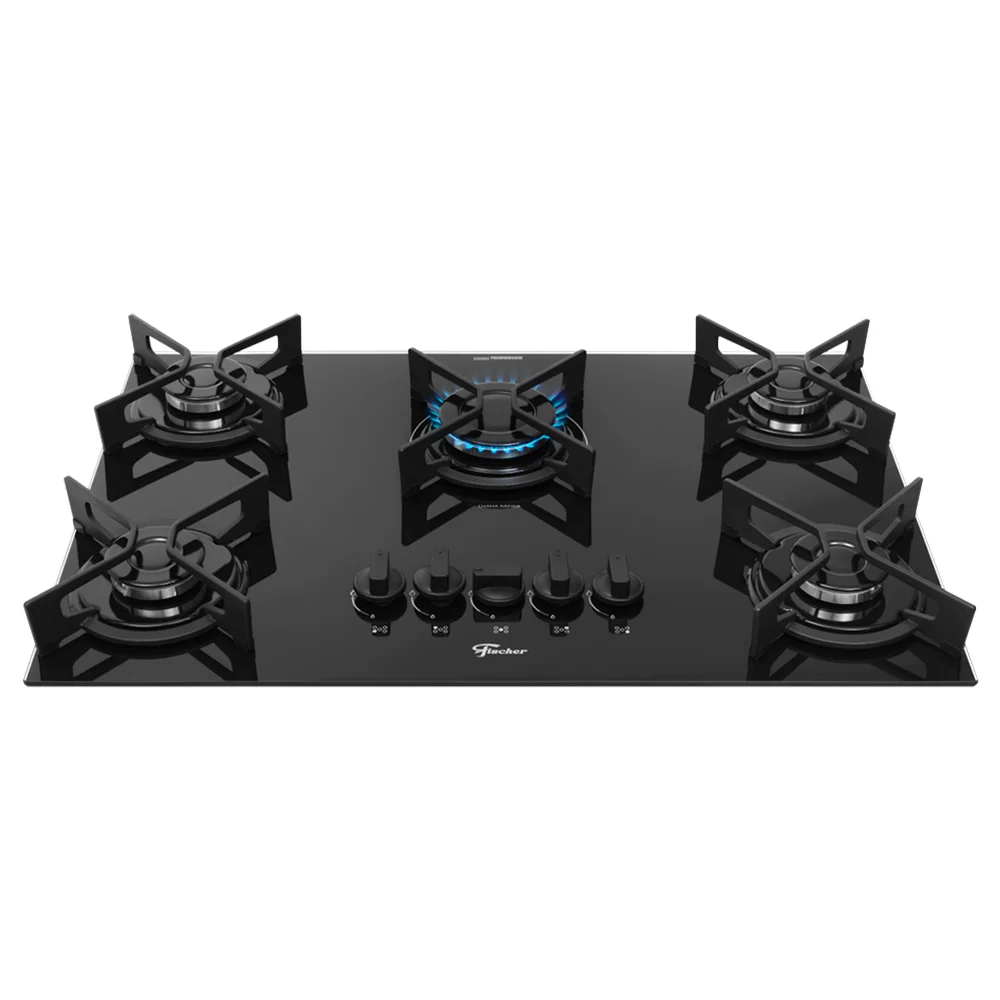 Cooktop a Gás Fischer Fit Line Iron 5 Bocas Superautomático Mesa de Vidro