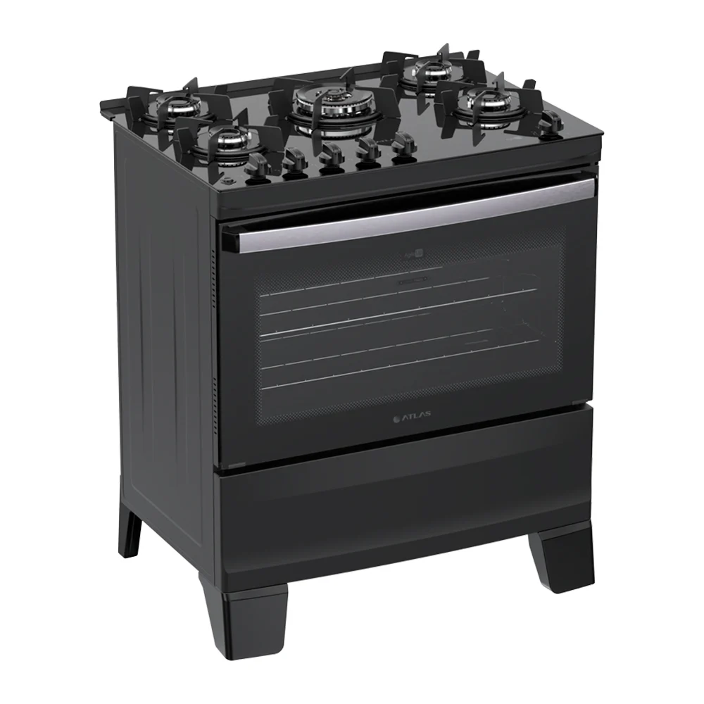 Fogão Atlas Agile Glass 5 bocas Automático Mesa de Vidro Tripla Chama