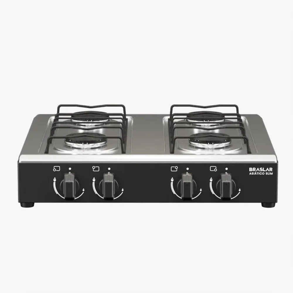 Fogão Cooktop de Mesa 4 Bocas Gás Portátil Braslar Inox Preto e Branco