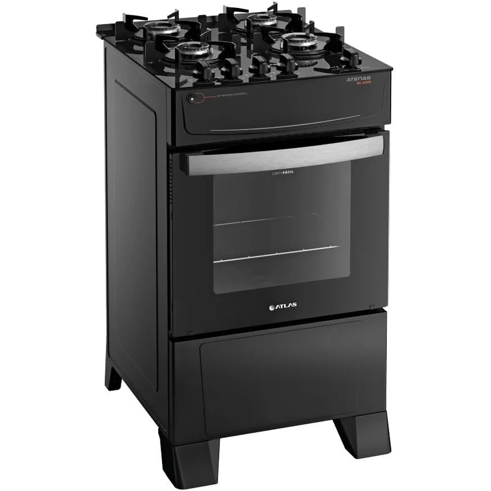 Fogão Atlas Atenas Glass 4 Bocas a Gás Preto Bivolt 50 Litros