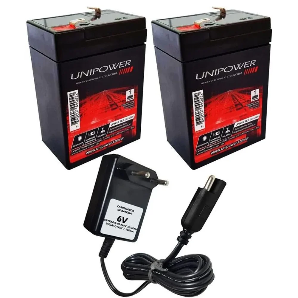 2 Bateria Unipower Recarregável 6v 4,5ah Carregador 6v 900mah Plug Bandeirantes Carrinho Moto Elétrica